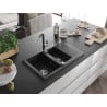 Mexen Gaspar Granitspüle 1,5-beckig mit Abtropffläche und Küchenarmatur Flora, schwarz - 6507-77-670401-07