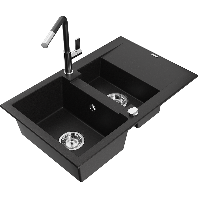 Mexen Gaspar Granitspüle 1,5-beckig mit Abtropffläche und Küchenarmatur Flora, schwarz - 6507-77-670401-07