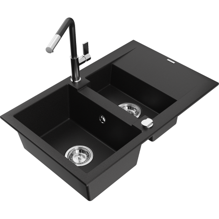 Mexen Gaspar Granitspüle 1,5-beckig mit Abtropffläche und Küchenarmatur Flora, schwarz - 6507-77-670401-07