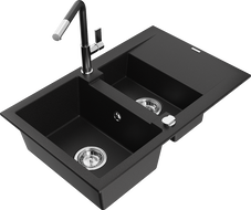 Mexen Gaspar Granitspüle 1,5-beckig mit Abtropffläche und Küchenarmatur Flora, schwarz - 6507-77-670401-07