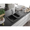 Mexen Gaspar Granitspüle 1,5-beckig mit Abtropffläche und Küchenarmatur Flora, schwarz - 6507-77-670401-07-B