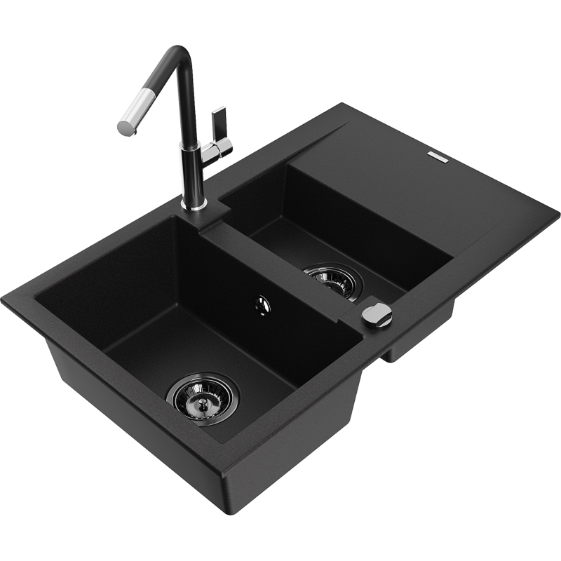 Mexen Gaspar Granitspüle 1,5-beckig mit Abtropffläche und Küchenarmatur Flora, schwarz - 6507-77-670401-07-B