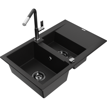 Mexen Gaspar Granitspüle 1,5-beckig mit Abtropffläche und Küchenarmatur Flora, schwarz - 6507-77-670401-07-B