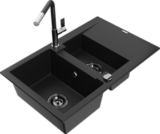 Mexen Gaspar Granitspüle 1,5-beckig mit Abtropffläche und Küchenarmatur Flora, schwarz - 6507-77-670401-07-B