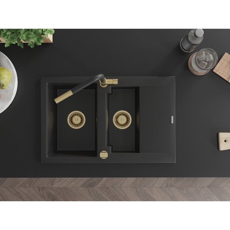 Mexen Gaspar Granitspüle 1,5-schüssig mit Abtropffläche und Küchenarmatur Flora, schwarz - 6507-77-670401-57-G