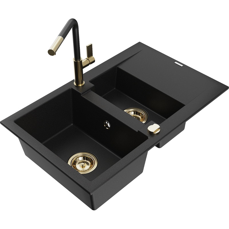 Mexen Gaspar Granitspüle 1,5-becken mit Abtropffläche und Küchenarmatur Flora, schwarz - 6507-77-670401-57-G