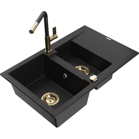 Mexen Gaspar Granitspüle 1,5-becken mit Abtropffläche und Küchenarmatur Flora, schwarz - 6507-77-670401-57-G
