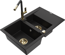 Mexen Gaspar Granitspüle 1,5-schüssig mit Abtropffläche und Küchenarmatur Flora, schwarz - 6507-77-670401-57-G