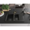 Mexen Gaspar Granitspüle 1,5-Becken mit Abtropffläche und Küchenarmatur Flora, schwarz - 6507-77-670401-57-B