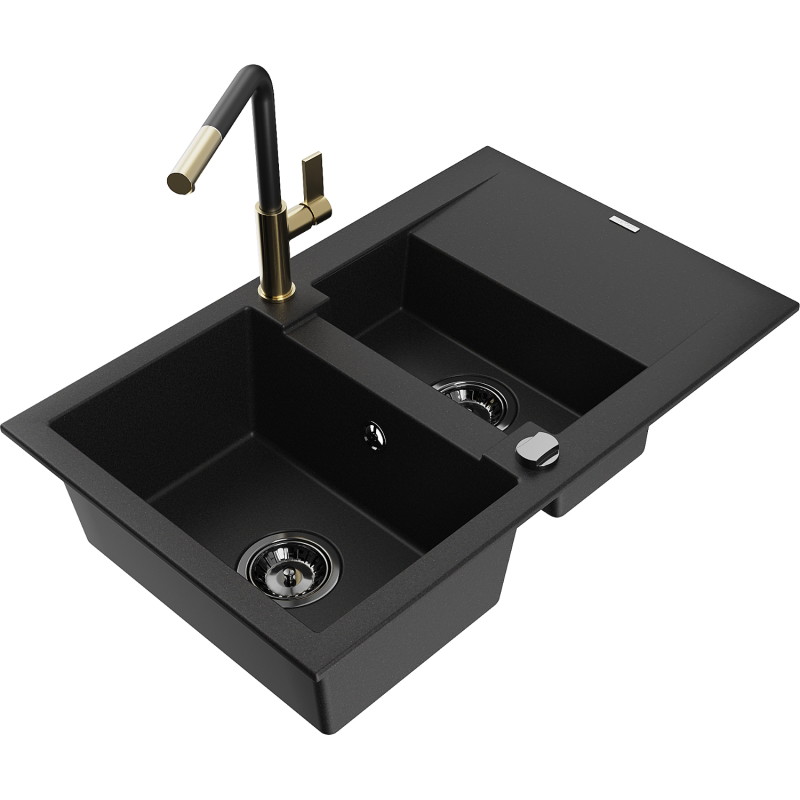 Mexen Gaspar 1,5-Kammer Granitspüle mit Abtropffläche und Küchenarmatur Flora, schwarz - 6507-77-670401-57-B