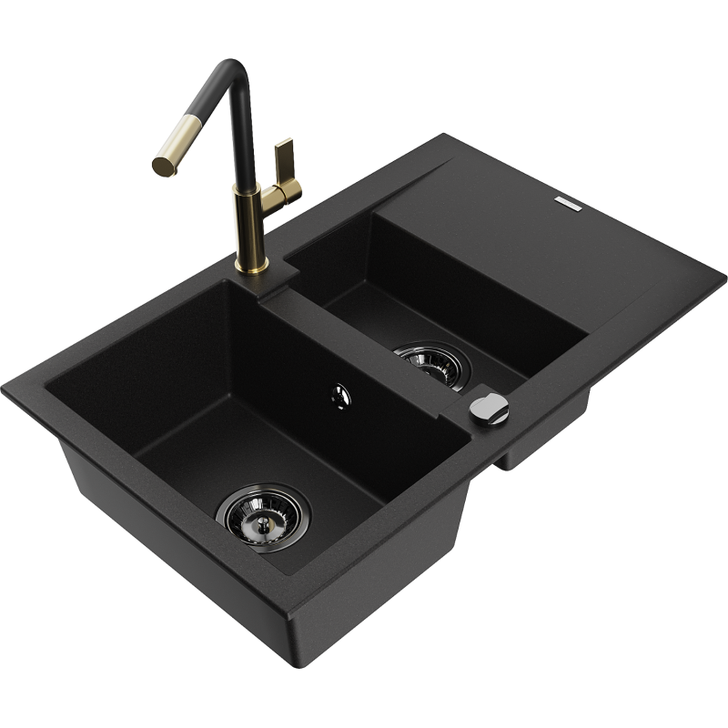 Mexen Gaspar Granitspüle 1,5-Becken mit Abtropffläche und Küchenarmatur Flora, schwarz - 6507-77-670401-57-B