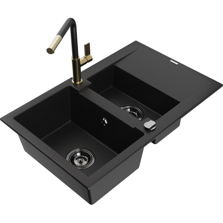 Mexen Gaspar 1,5-Kammer Granitspüle mit Abtropffläche und Küchenarmatur Flora, schwarz - 6507-77-670401-57-B