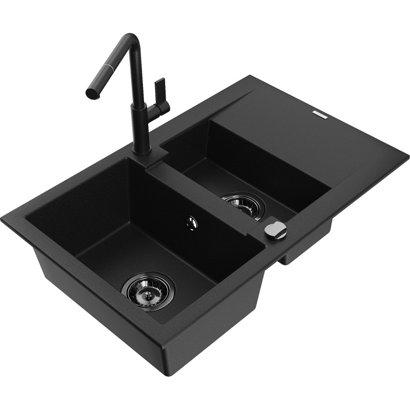 Mexen Gaspar Granitspüle 1,5-Becken mit Abtropffläche und Küchenarmatur Flora, schwarz - 6507-77-670401-70-B