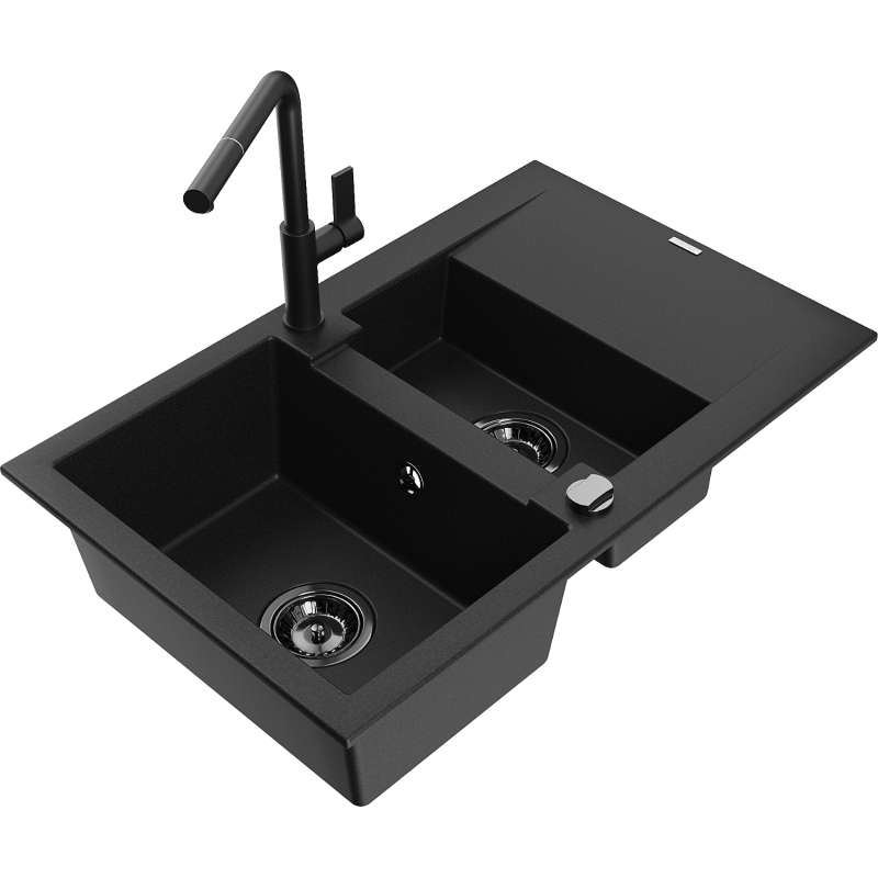 Mexen Gaspar Granitspüle 1,5-beckig mit Abtropffläche und Küchenarmatur Flora, schwarz - 6507-77-670401-70-B