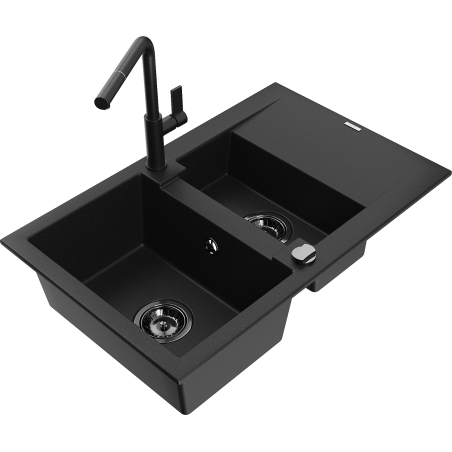 Mexen Gaspar Granitspüle 1,5-Becken mit Abtropffläche und Küchenarmatur Flora, schwarz - 6507-77-670401-70-B