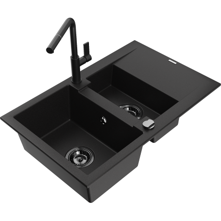 Mexen Gaspar Granitspüle 1,5-beckig mit Abtropffläche und Küchenarmatur Flora, schwarz - 6507-77-670401-70-B