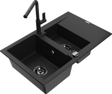 Mexen Gaspar Granitspüle 1,5-Becken mit Abtropffläche und Küchenarmatur Flora, schwarz - 6507-77-670401-70-B