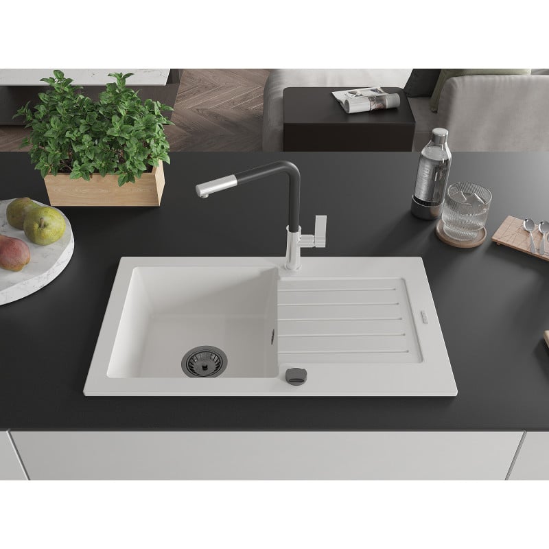 Mexen Pablo Granitspüle 1-Becken mit Abtropffläche und Küchenarmatur Flora, weiß - 6510-20-670401-07-B