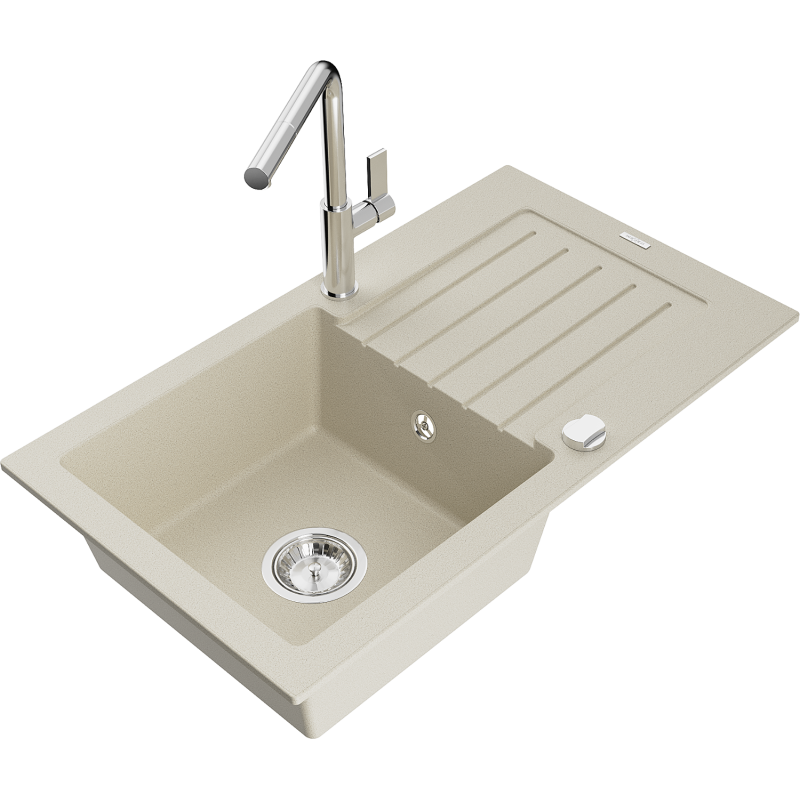 Mexen Pablo Granitspüle 1-Becken mit Abtropffläche und Küchenarmatur Flora, beige - 6510-69-670401-00