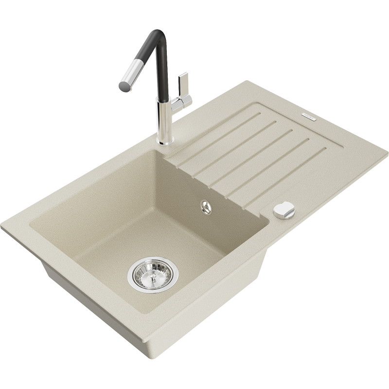 Mexen Pablo Granitspüle mit 1 Becken, Abtropffläche und Küchenarmatur Flora, beige - 6510-69-670401-07