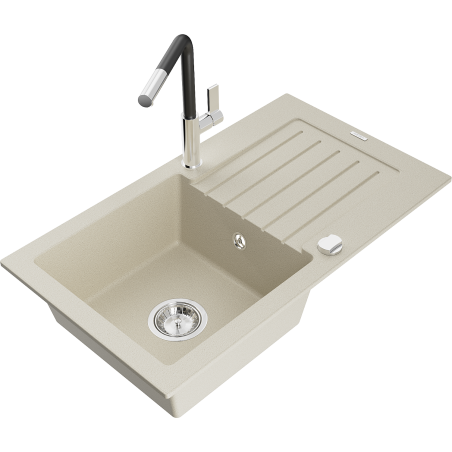 Mexen Pablo Granitspüle 1-Becken mit Abtropffläche und Küchenarmatur Flora, beige - 6510-69-670401-07