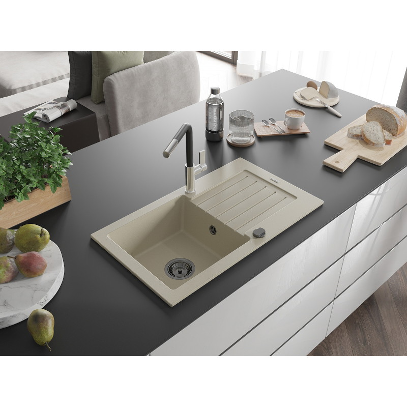 Mexen Pablo Granit-Spülbecken 1-Kammer mit Abtropffläche und Küchenarmatur Flora, Beige - 6510-69-670401-07-B