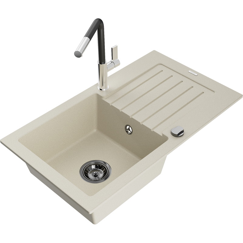 Mexen Pablo Granit-Spülbecken 1-Kammer mit Abtropffläche und Küchenarmatur Flora, Beige - 6510-69-670401-07-B