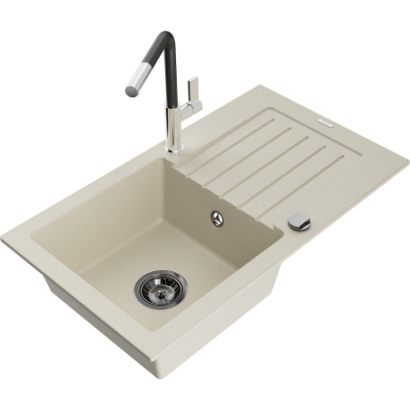 Mexen Pablo Granit-Spülbecken 1-Kammer mit Abtropffläche und Küchenarmatur Flora, Beige - 6510-69-670401-07-B