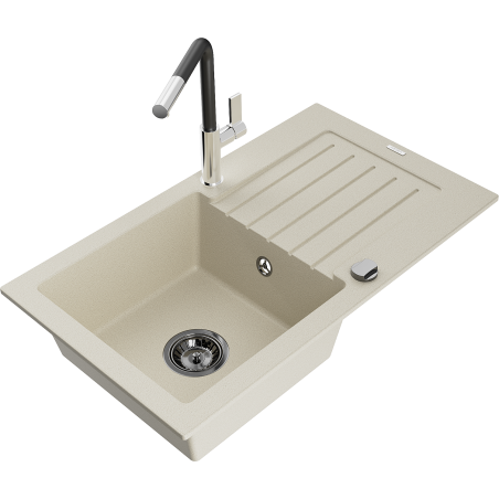 Mexen Pablo Granitspüle 1-becken mit Abtropffläche und Küchenarmatur Flora, beige - 6510-69-670401-07-B