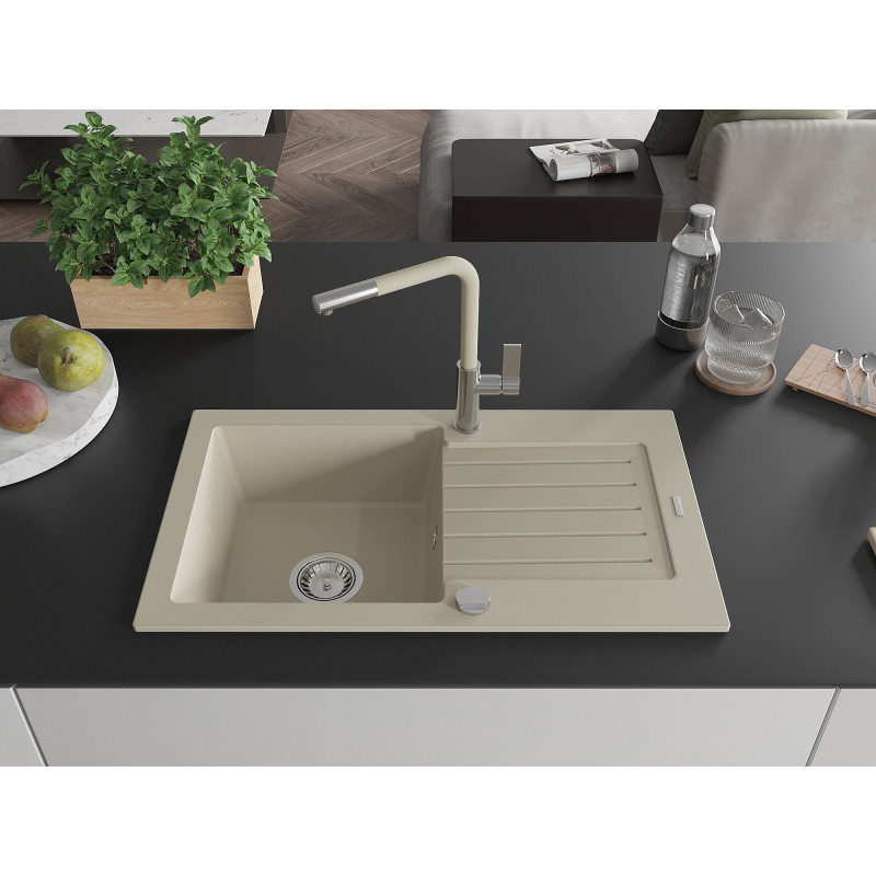 Mexen Pablo Granitspüle 1-Becken mit Abtropffläche und Küchenarmatur Flora, beige - 6510-69-670401-09
