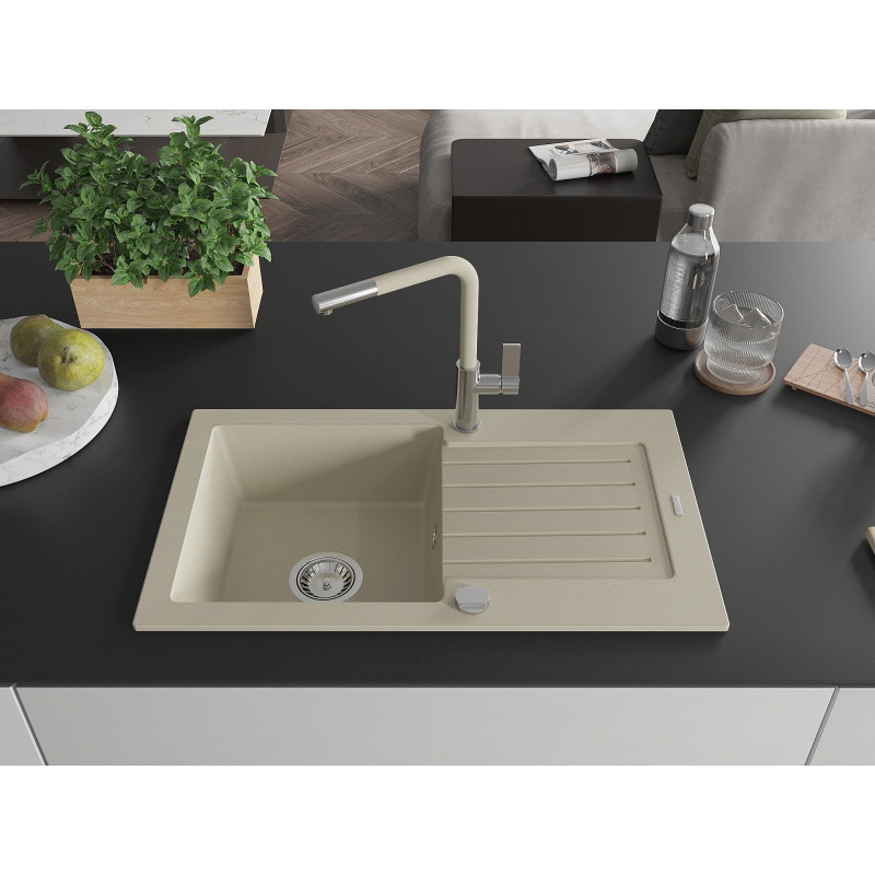 Mexen Pablo Granitspüle 1-Kammer mit Abtropffläche und Küchenarmatur Flora, beige - 6510-69-670401-09