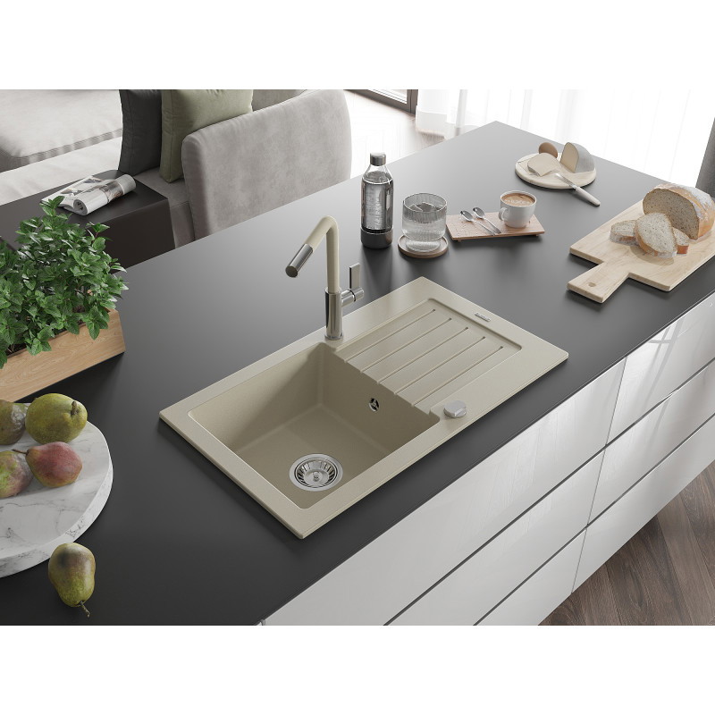 Mexen Pablo Granitspüle 1-Becken mit Abtropffläche und Küchenarmatur Flora, beige - 6510-69-670401-09