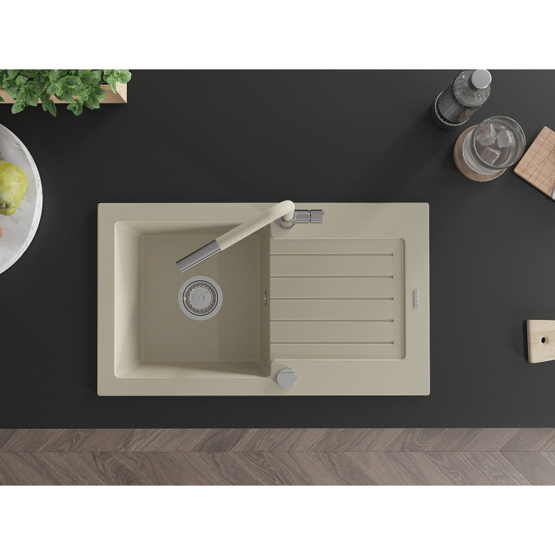 Mexen Pablo Granitspüle 1-Becken mit Abtropffläche und Küchenarmatur Flora, beige - 6510-69-670401-09