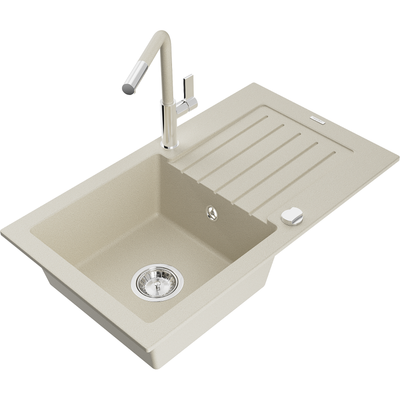 Mexen Pablo Granitspüle 1-Becken mit Abtropffläche und Küchenarmatur Flora, beige - 6510-69-670401-09