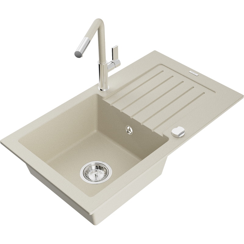 Mexen Pablo Granitspüle 1-Kammer mit Abtropffläche und Küchenarmatur Flora, beige - 6510-69-670401-09