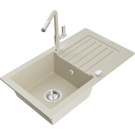 Mexen Pablo Granitspüle 1-Becken mit Abtropffläche und Küchenarmatur Flora, beige - 6510-69-670401-09