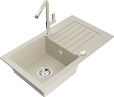 Mexen Pablo Granitspüle 1-Becken mit Abtropffläche und Küchenarmatur Flora, beige - 6510-69-670401-09
