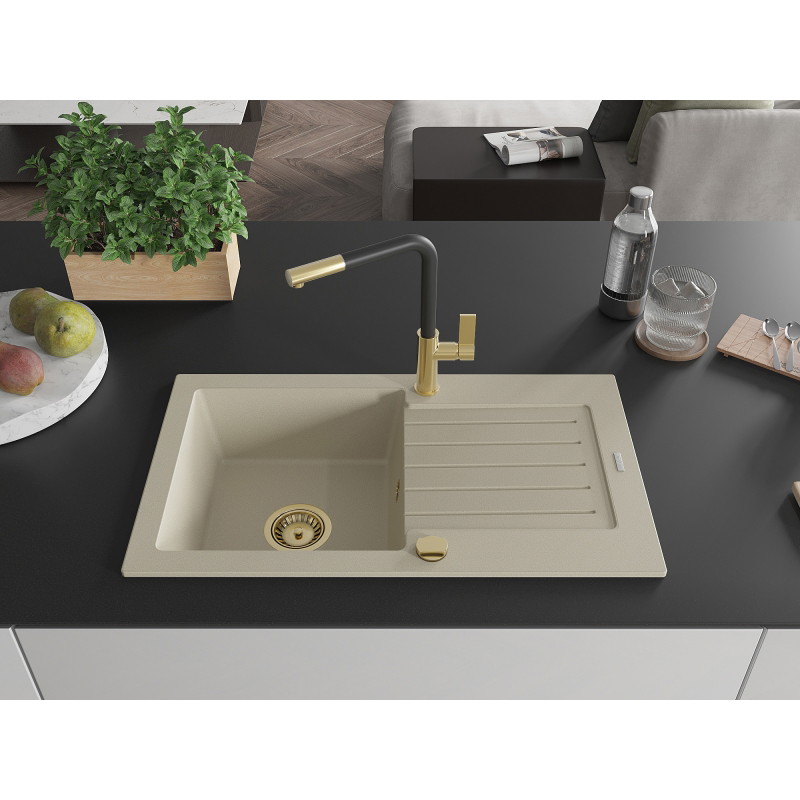 Mexen Pablo Granitspüle 1-Becken mit Abtropffläche und Küchenarmatur Flora, beige - 6510-69-670401-57-G