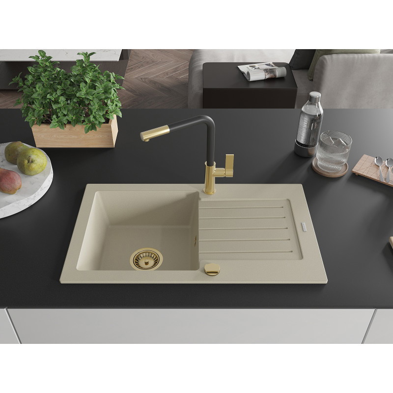 Mexen Pablo Granitspüle 1-Kammer mit Abtropffläche und Küchenarmatur Flora, beige - 6510-69-670401-57-G