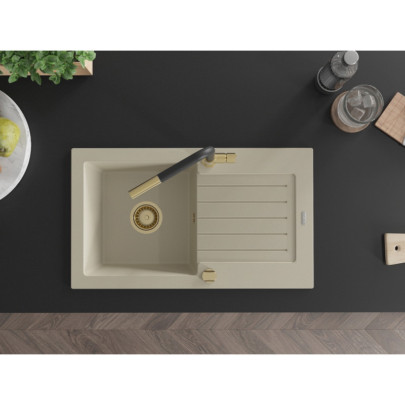 Mexen Pablo granitspüle 1-beckig mit abtropffläche und küchenarmatur Flora, beige - 6510-69-670401-57-G
