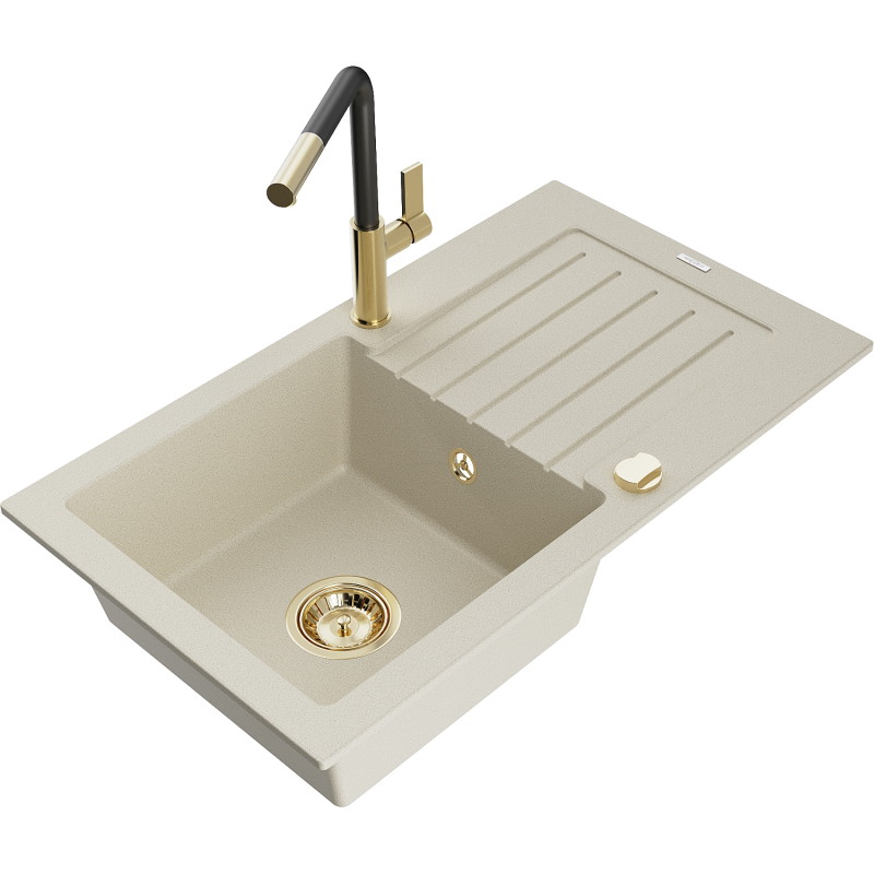 Mexen Pablo granitspüle 1-beckig mit abtropffläche und küchenarmatur Flora, beige - 6510-69-670401-57-G