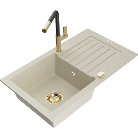 Mexen Pablo Granitspüle 1-Kammer mit Abtropffläche und Küchenarmatur Flora, beige - 6510-69-670401-57-G