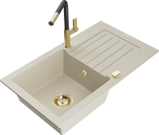 Mexen Pablo Granitspüle 1-Kammer mit Abtropffläche und Küchenarmatur Flora, beige - 6510-69-670401-57-G