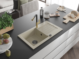 Mexen Pablo Granitspüle 1-Becken mit Abtropffläche und Küchenarmatur Flora, beige - 6510-69-670401-57-B