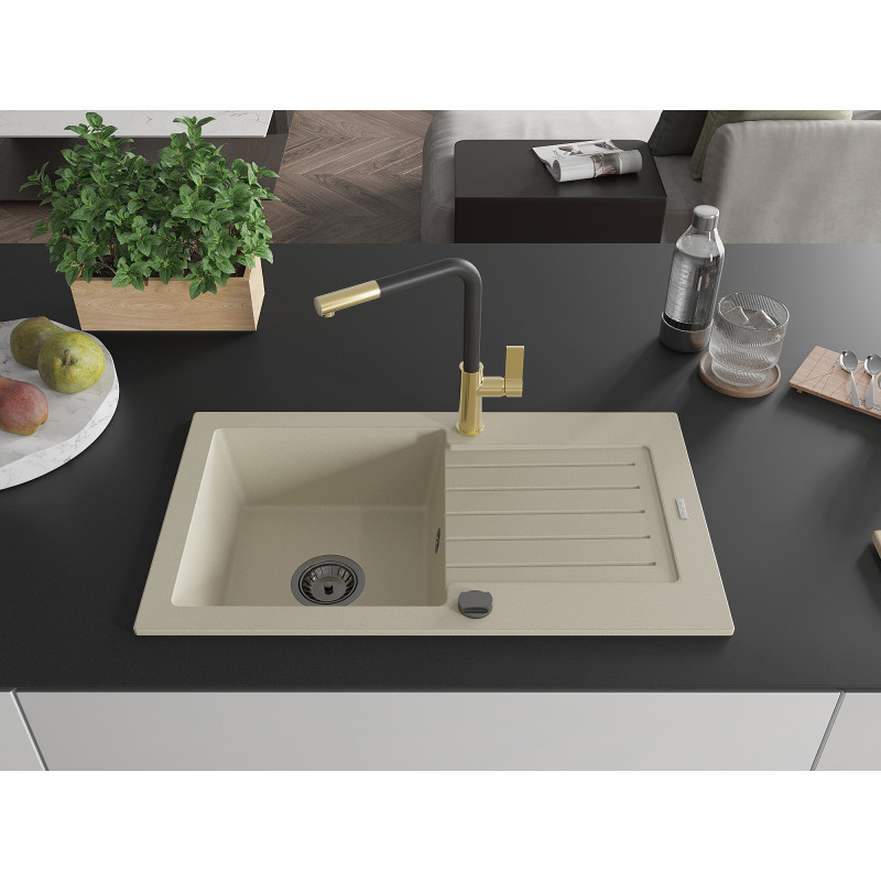 Mexen Pablo Granitspüle 1-Becken mit Abtropffläche und Küchenarmatur Flora, beige - 6510-69-670401-57-B