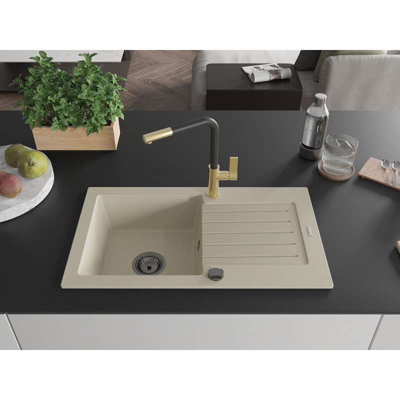 Mexen Pablo Granitspüle 1-beckig mit Abtropffläche und Küchenarmatur Flora, beige - 6510-69-670401-57-B