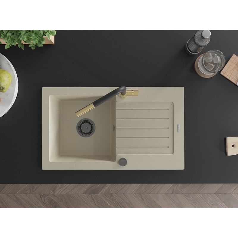 Mexen Pablo Granitspüle 1-Becken mit Abtropffläche und Küchenarmatur Flora, beige - 6510-69-670401-57-B