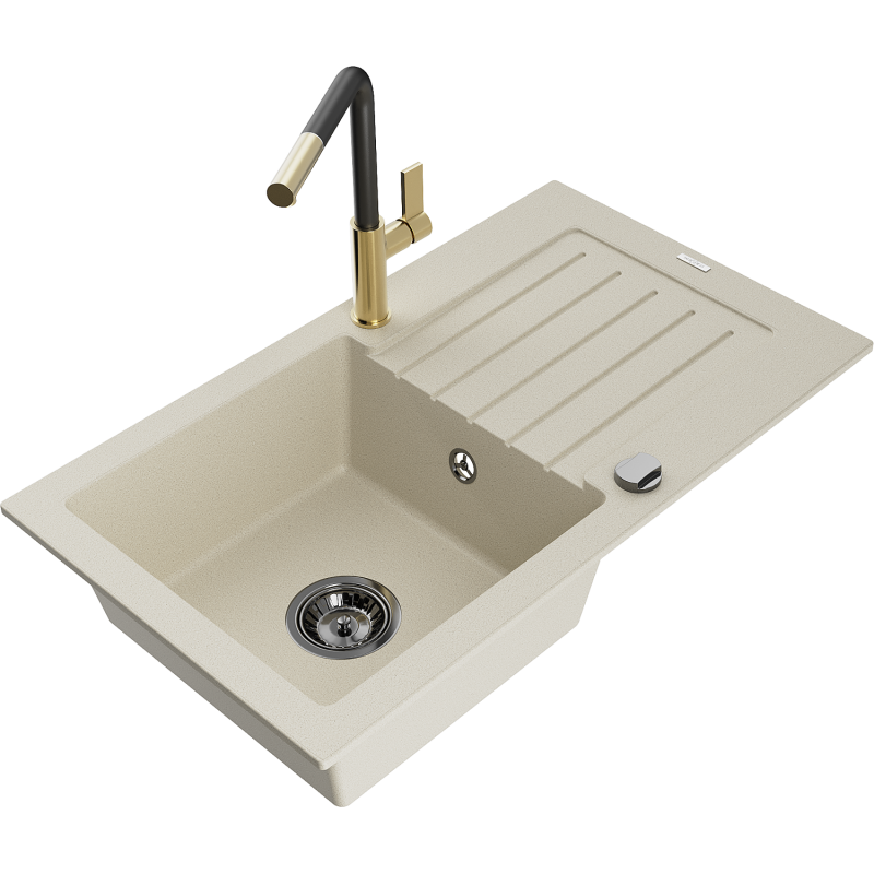 Mexen Pablo Granitspüle 1-Becken mit Abtropffläche und Küchenarmatur Flora, beige - 6510-69-670401-57-B
