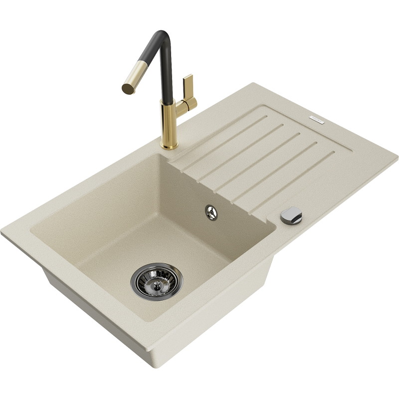 Mexen Pablo Granitspüle 1-beckig mit Abtropffläche und Küchenarmatur Flora, beige - 6510-69-670401-57-B