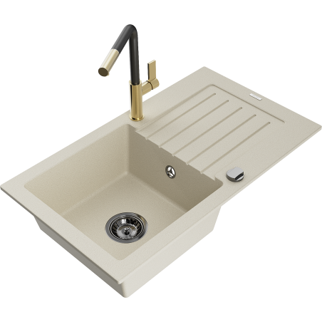 Mexen Pablo Granitspüle 1-Becken mit Abtropffläche und Küchenarmatur Flora, beige - 6510-69-670401-57-B